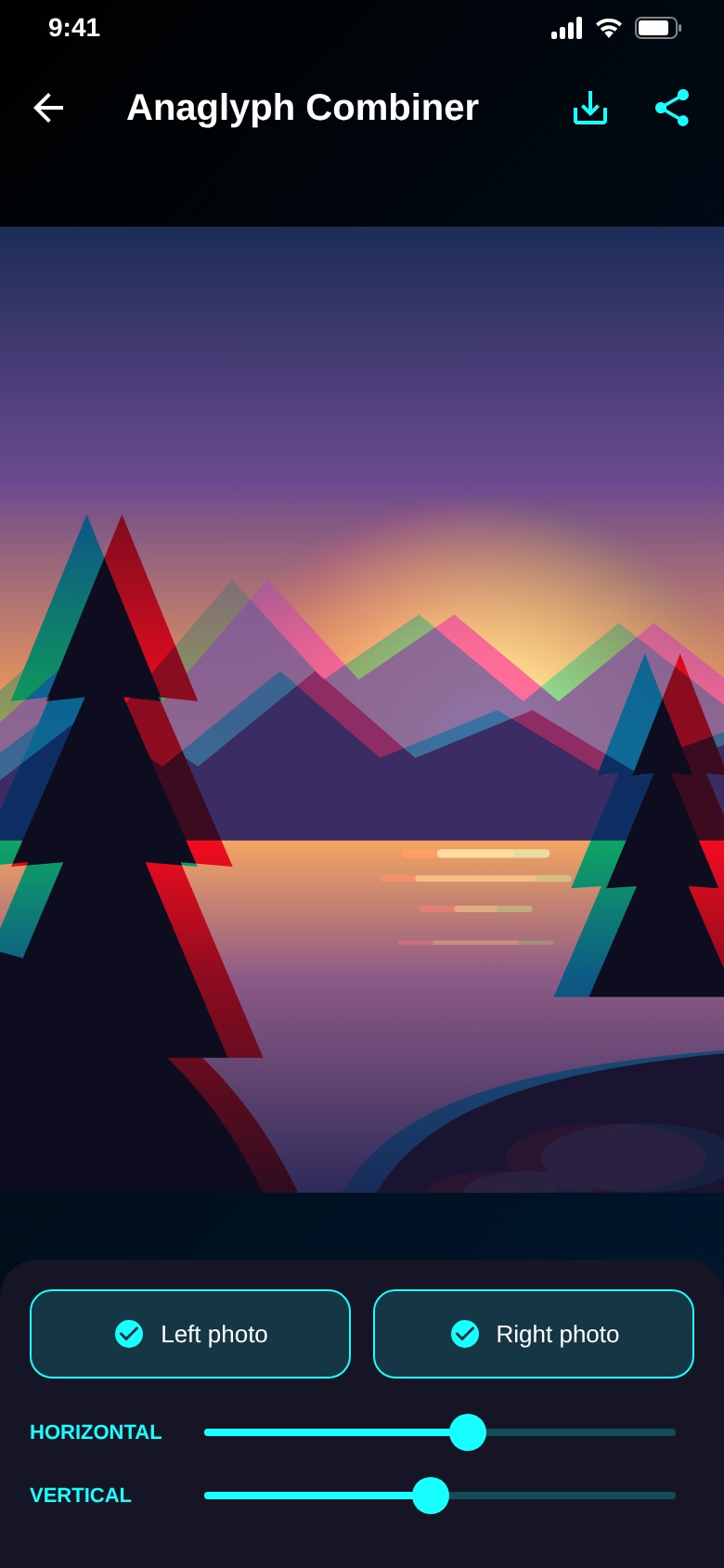 Anaglyph Combiner merging a left and right photo with alignment sliders