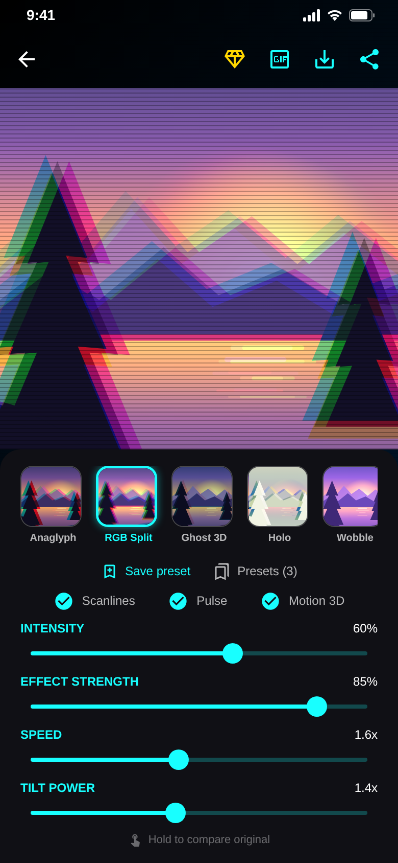 RGB-Split filter with Motion 3D, tempo and tilt sliders